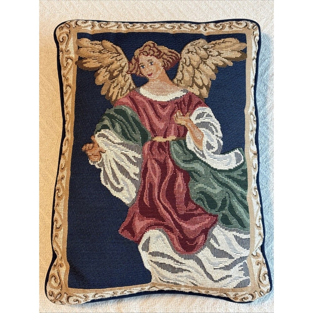 Tapestry Victorian Angel Christmas Holiday Decor Throw Pillow Rectangle 16 x 12
